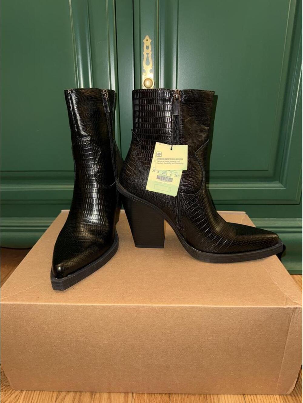 ASOS Bershka black crocodile textured ankle boots with 4"